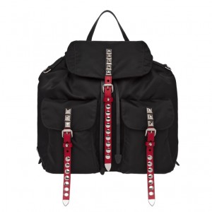 Prada Black Nylon Backpack With Red Metal Studs