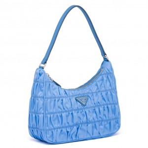 Prada Mini Hobo Bag In Blue Nylon and Leather