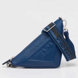 Prada Triangle Shoulder Bag In Blue Saffiano Calfskin