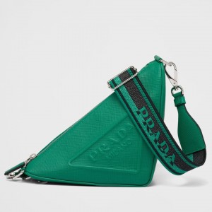 Prada Triangle Shoulder Bag In Green Saffiano Calfskin