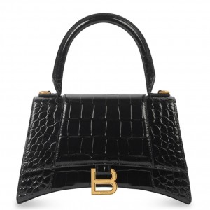 Balenciaga Hourglass Small Bag in Black Crocodile Embossed Calfskin