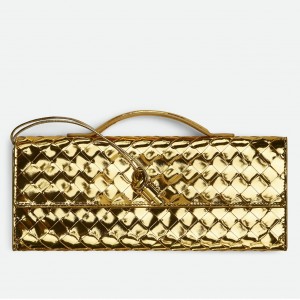 Bottega Veneta Andiamo Clutch with Handle in Gold Metallic Leather