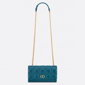 Dior Caro Belt Pouch with Chain In Steel Blue Calfskin