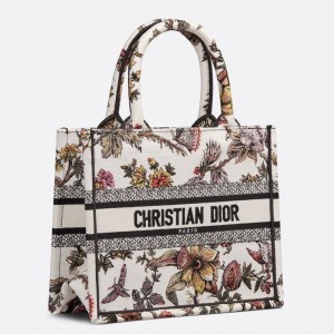 Dior Small Book Tote Bag In White Multicolor Jardin Botanique Embroidery