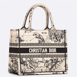 Dior New Small Book Tote In White Toile de Jouy Zodiac Embroidery