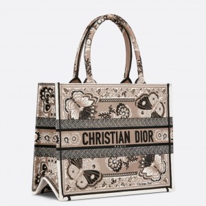 Dior Medium Book Tote Bag in Beige Butterfly Bandana Embroidery 