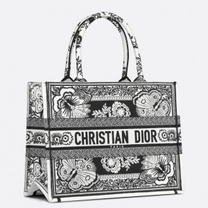 Dior Medium Book Tote Bag in Black and White Butterfly Bandana Embroidery 