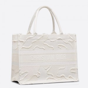 Dior Small Book Tote In White Camouflage Embroidered Canvas