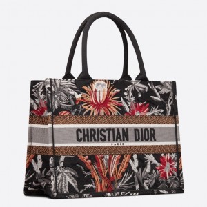 Dior Small Book Tote In Black Camouflage With Flowers