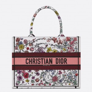Dior Medium Book Tote Bag In White Multicolor Florilegio Embroidery