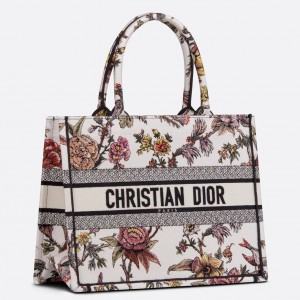 Dior Medium Book Tote Bag In White Multicolor Jardin Botanique Embroidery