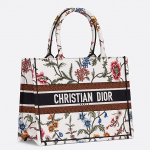 Dior Medium Book Tote Bag In White Dior Petites Fleurs Embroidery