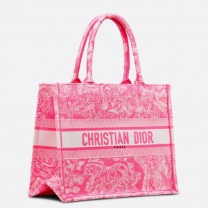 Dior Medium Book Tote Bag In Fluorescent Pink Toile de Jouy Reverse Embroidery