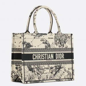Dior Medium Book Tote Bag In White Toile de Jouy Zodiac Embroidery