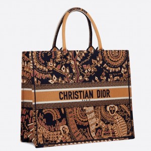 Dior Book Tote Bag In Orange Animals Embroidered Canvas