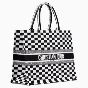 Dior Book Tote Bag In Black/White Checkered Canvas 