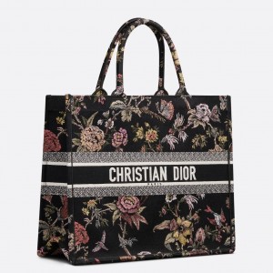 Dior Large Book Tote Bag In Black Multicolor Jardin Botanique Embroidery