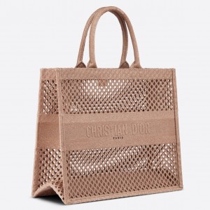 Dior Book Tote Bag In Beige Mesh Embroidery