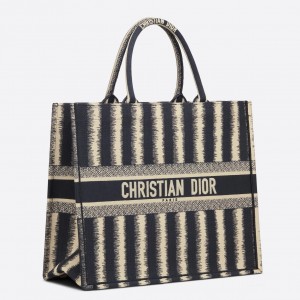 Dior Book Tote Bag In Blue Stripes Embroidery