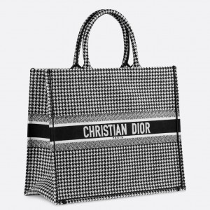 Dior Book Tote Bag In Houndstooth Embroidered Canvas