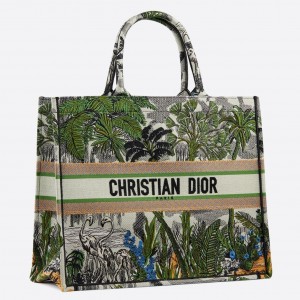 Dior Book Tote Bag In Green Toile De Jouy Tropicalia