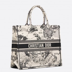 Dior Large Book Tote Bag In White Toile de Jouy Zodiac Embroidery