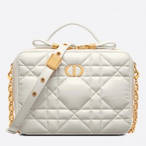 Dior Caro Box Bag with Chain in White Macrocannage Calfskin