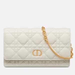 Dior Caro Chain Pouch In White Cannage Calfskin