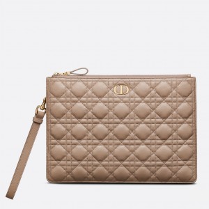 Dior Large Caro Daily Pouch In Beige Calfskin