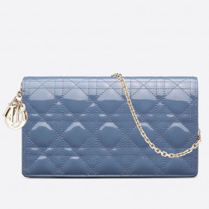 Dior Lady Dior Clutch With Chain In Denim Blue Patent