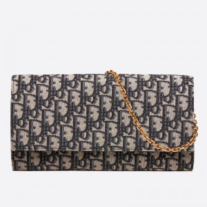 Dior Clutch Bag On Chain In Blue Oblique Canvas