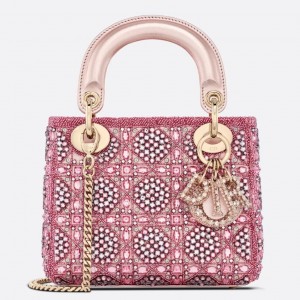 Dior Lady Dior Mini Chain Bag in Satin with Pink Resin Pearl Embroidery