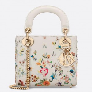 Dior Lady Dior Mini Bag in White Calfskin with Multicolor Small Flowers