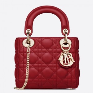Dior Mini Lady Dior Bag In Red Lambskin