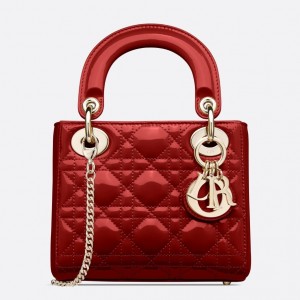 Dior Red Patent Mini Lady Dior Bag With Chain