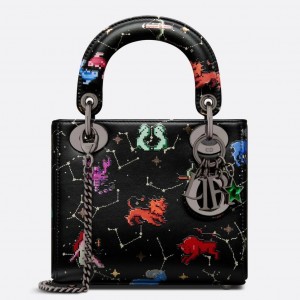 Dior Mini Lady Dior Bag In Black Calfskin with Pixel Zodiac Print