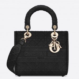 Dior Medium Lady D-Lite Bag In Black Embroidered Canvas