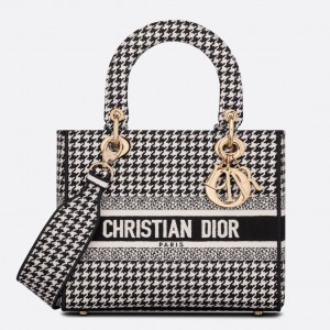 Dior Medium Lady D-Lite Bag In Black Houndstooth Embroidery