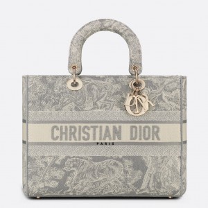 Dior Large Lady D-Lite Bag In Gray Toile de Jouy Reverse Embroidery