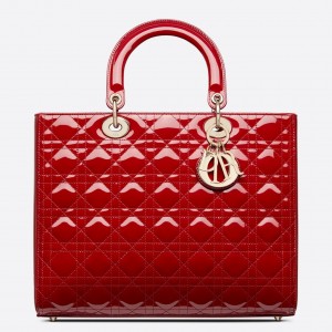 Dior Large Lady Dior Bag In Red Patent Cannage Calfskin