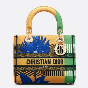 Dior Medium Lady D-Lite Bag In Yellow and Green D-Flower Pop Embroidery