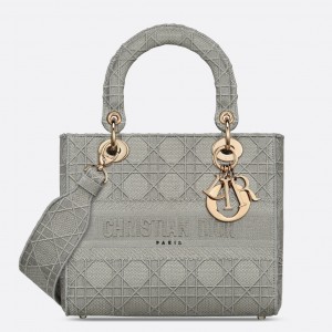 Dior Medium Lady D-Lite Bag In Gray Cannage Embroidery