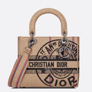 Dior Medium Lady D-Lite Bag In Beige Jute Canvas with Dior Union Motif