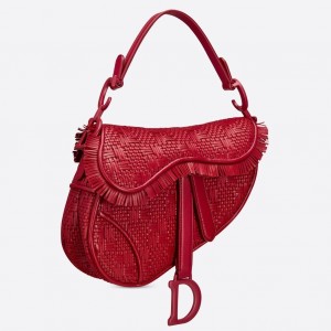 Dior Saddle Bag In Red Braided Leather Strips With Fringe