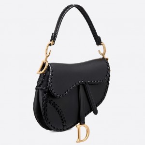 Dior Saddle Bag In Black Calfskin With Threaded Edges