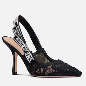 Dior J'Adior Slingback Pumps 100MM In Black Macrame Embroidered Cotton