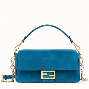 Fendi Medium Baguette Bag In Blue Suede Leather