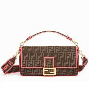 Fendi Baguette Large Bag In FF Fabric With Pink Trim