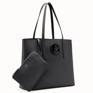 Fendi Black Leather Logo Shopper Bag