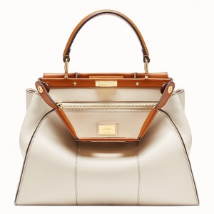 Fendi Peekaboo Medium White Bag With Tan Handle